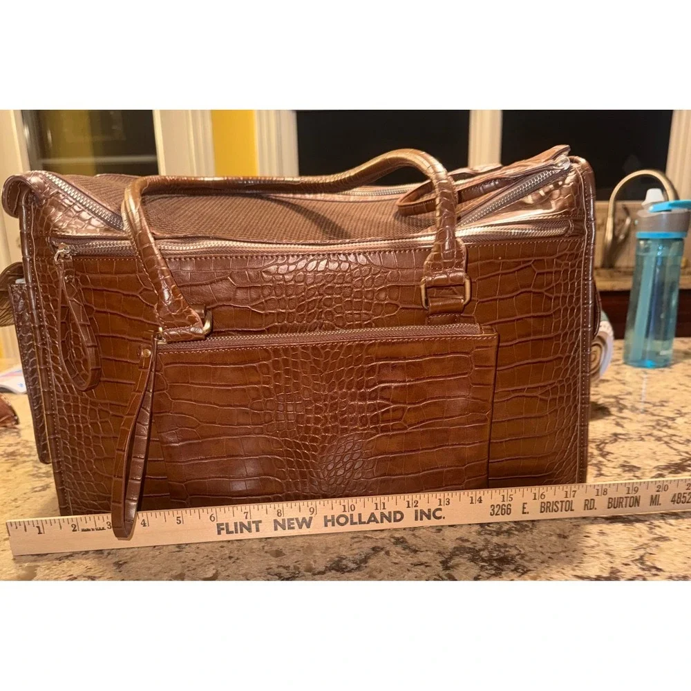 Croc Embossed Faux Leather Pet Carrier Brown Mesh Dog Cat Travel Bag 17in